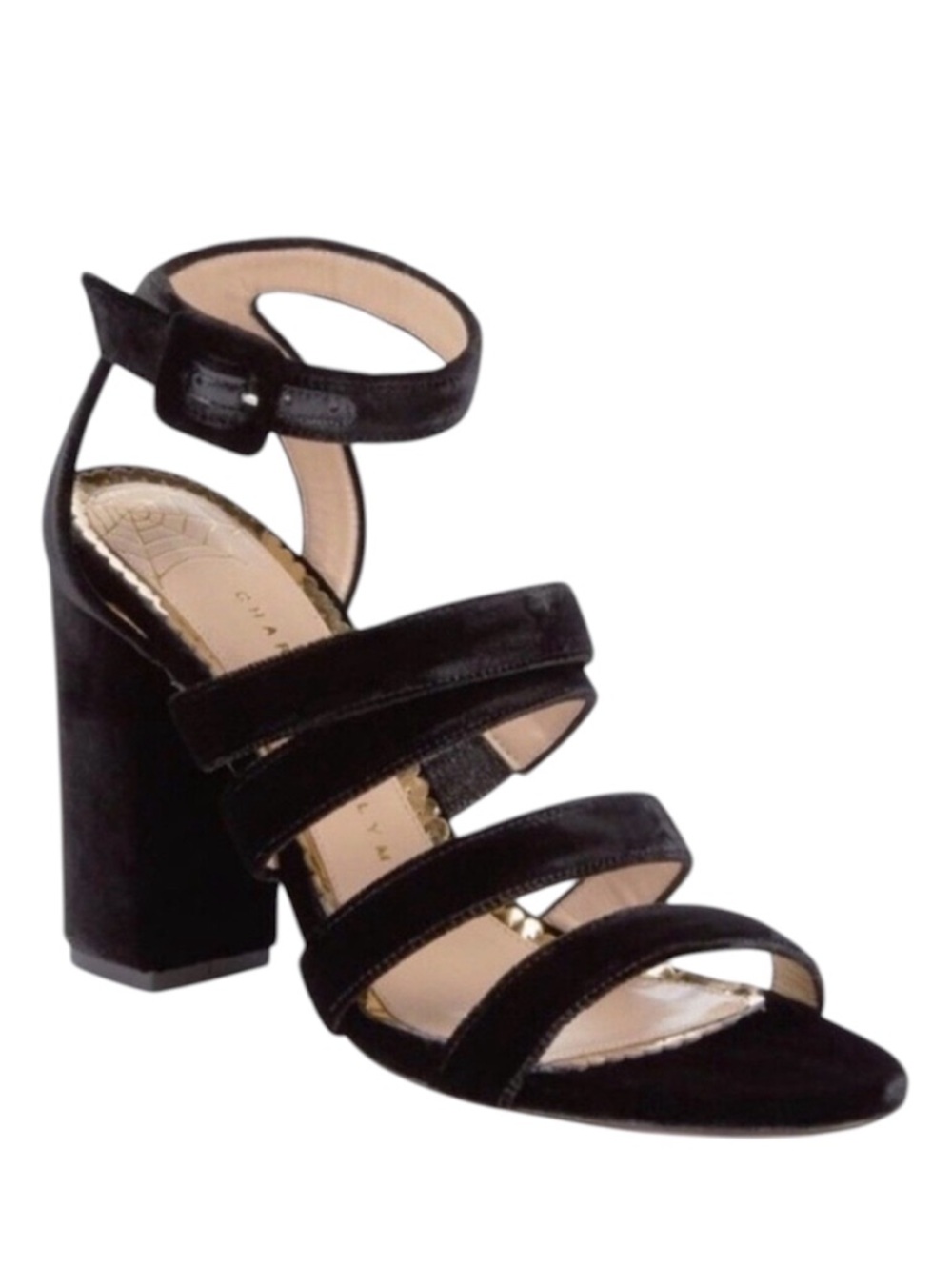 $775~CHARLOTTE OLYMPIA~Black Velvet CHRISTIE Strappy Block Heel Sandals~6.5/7/37
